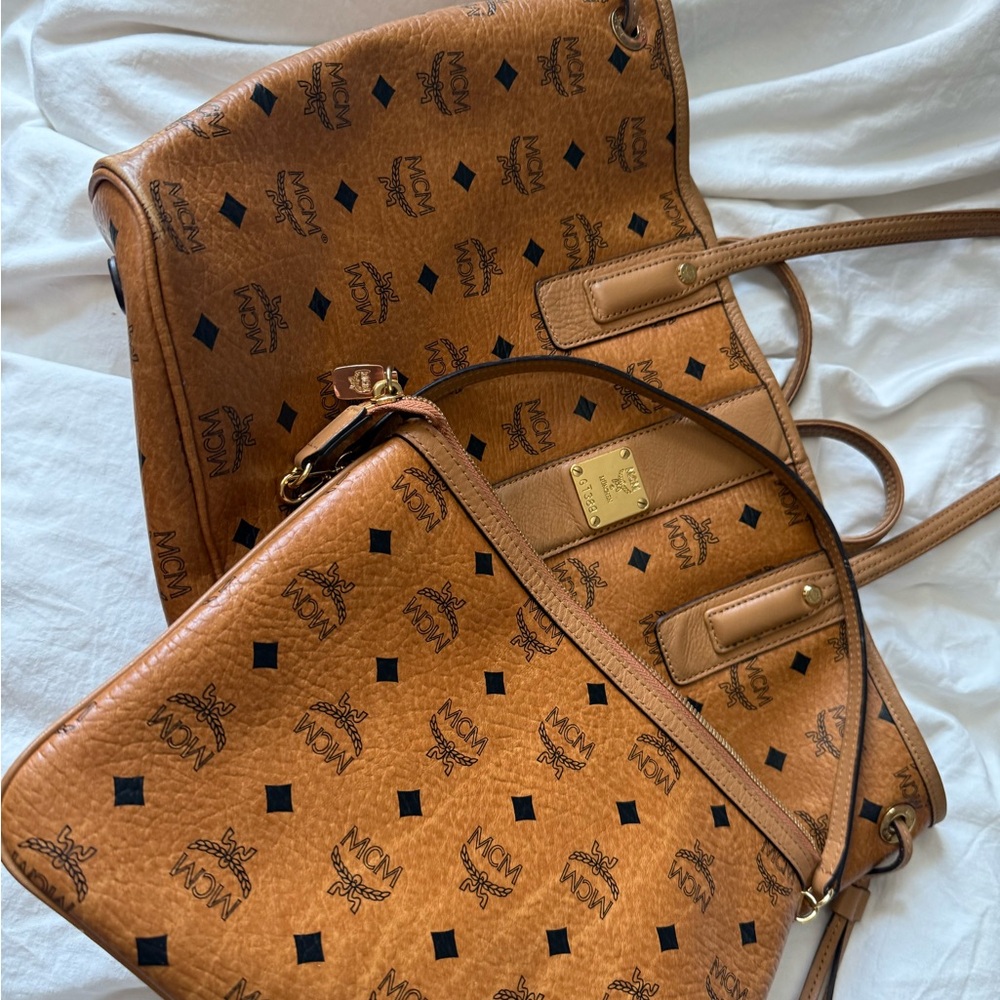 MCM Tan and Black Tote Bag with Iconic Monogram